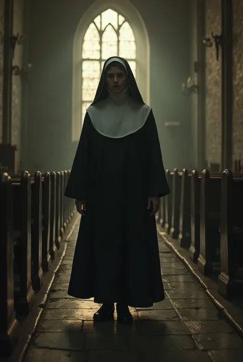 Make a film about a nun who goes to the basement of a church and an evil spirit takes hold of her and begins to murder people and everyone fights against the nun with the devil until they water her with holy wine and the nun starts to float and shout evil ...