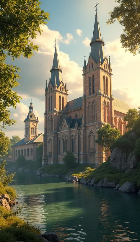 create an image of old churches and cathedrals of Tlumski Island in Wroclaw in sunny weather