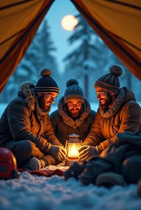 Three guys in a tent in the snow 