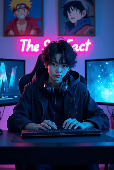 A 21-year-old anime content creator sits at a sleek, high-tech desk, facing the camera directly. He has slightly messy black hair, sharp features, and confident, expressive eyes. Wearing a Hokage cloak over a stylish black outfit, he rests high-quality hea...