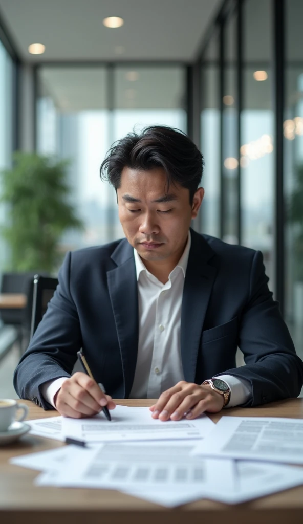 Asian man around 35 years old is reviewing investment documents to prepare to participate in financial projects