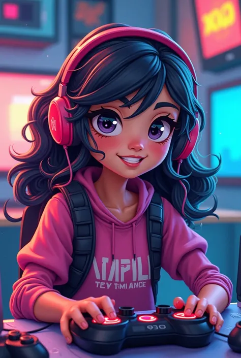 Cartoon girl wavy hair gamer