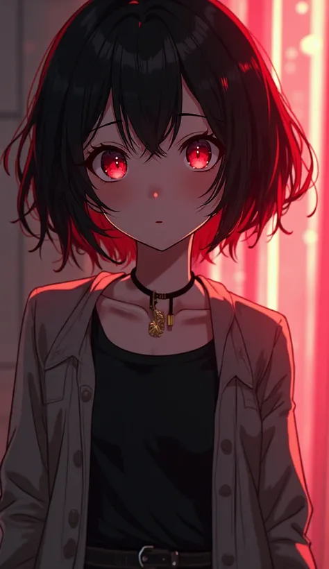 A girl (appearance: short black and red hair ,  red eyes) ( full body view)  illustration, Anime 4k,  Precise,  super detailed ,  high details,  high definition, Chiaroscuro 