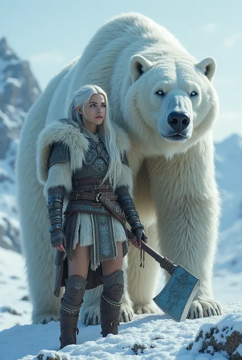 "A strong warrior woman stands beside a massive white bear, both exuding power and resilience before their fusion. The woman has long, flowing white hair, fierce blue eyes, and wears a fur-lined battle cloak draped over her shoulders. Her tribal armor is c...