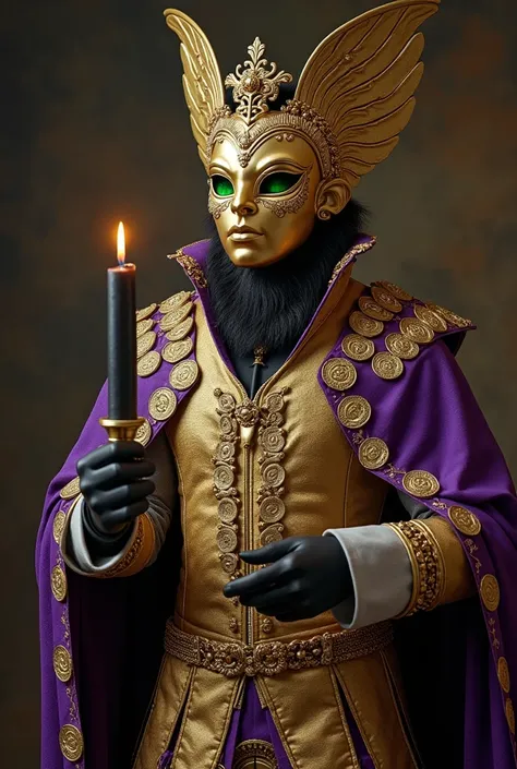  A king with the body of a Centipede 

Clothes and ornaments
An angelic gold mask ,  with a gold crown.
A black candle
Green eyes
A royal gold outfit with purple details
A purple cover with coin decoration
Black hands
Golden centipede body