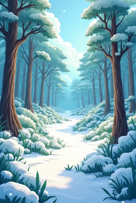 Create a beautiful caricature of snowy forest with a path in the middle in size 16:9