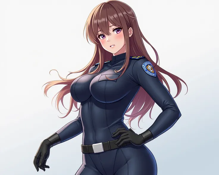 Draw an absolutely naked fit anime girl with big and curvy breasts in tight police uniforms, that shines through