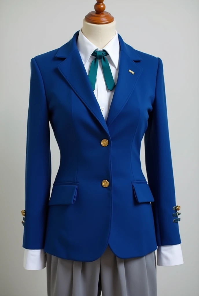 Could you create a picture of a custom uniform for me based on this precise description of it: "An impeccably tailored school uniform, consisting of a long-sleeved royal blue blazer. The fabric is structured, with a slim fit that flatters the silhouette. T...