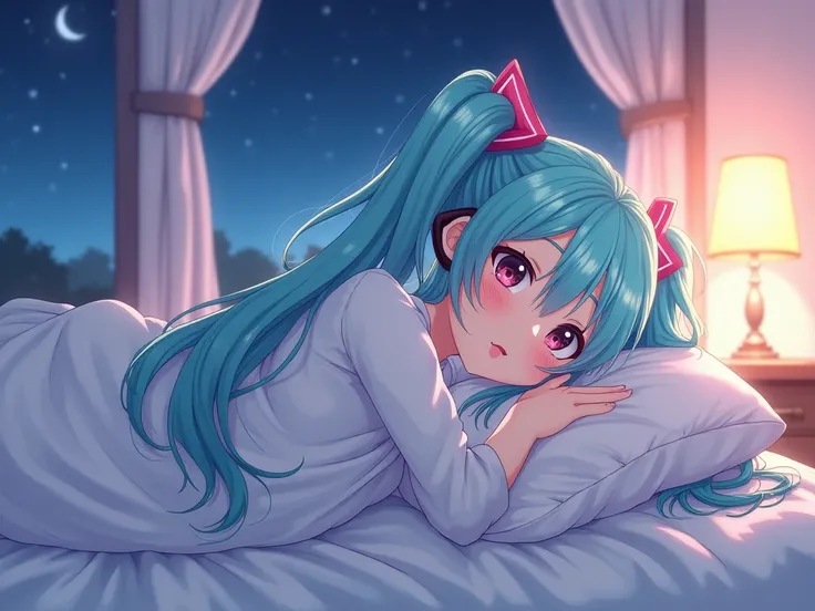      Hatsune Miku wearing pants and a long sleeve shirt with cherry blossom details    (      Sakura flowers ), night sky ,  At night, without a hat ,  with an expression , sleepy face   ,  completely covered with an anime-style cover ,  lying on a bed in ...