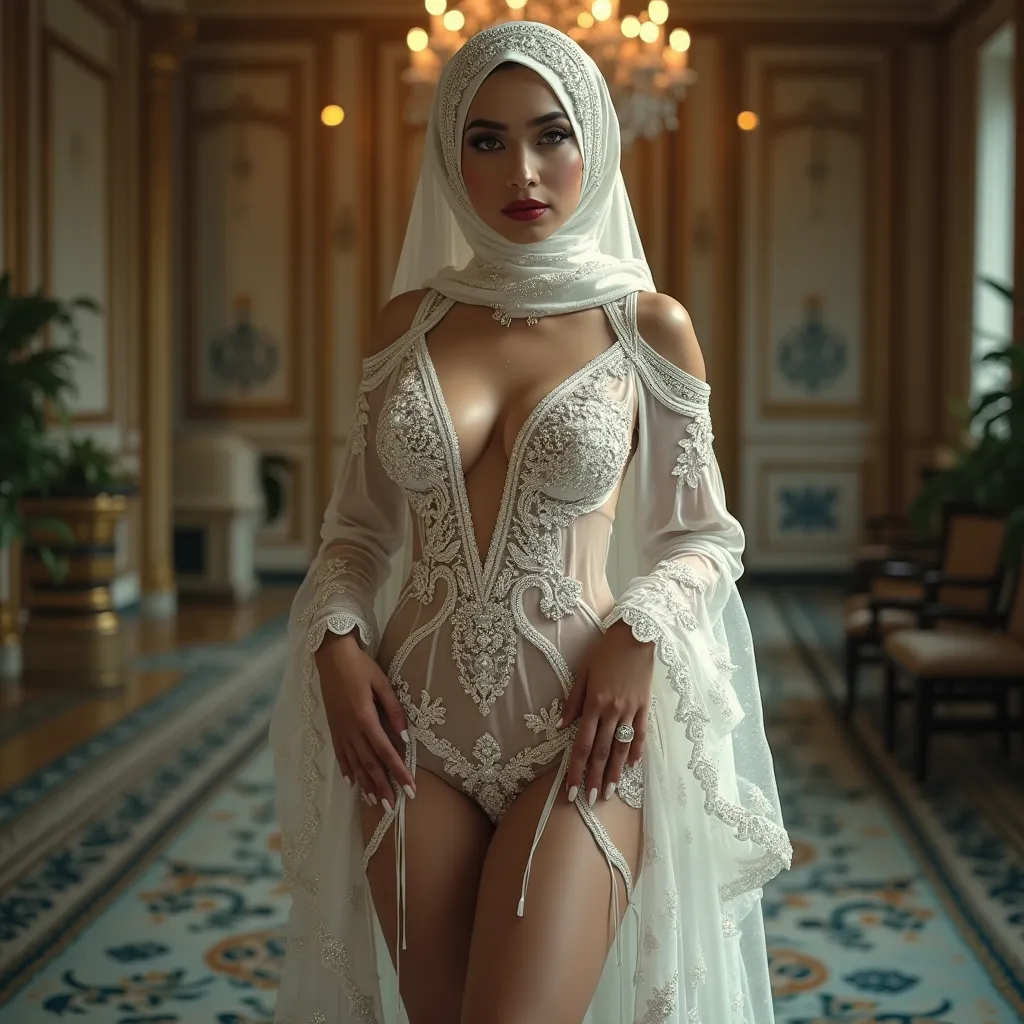 (FULL BODY view), queen of the magical world, blooming throughout nature, perfect legs and hips, curvy voluptuous body, sagging breasts, Intricate hijab decorated with sparkling diamonds, an erotic dress with intricate white lace details, the charm of the ...