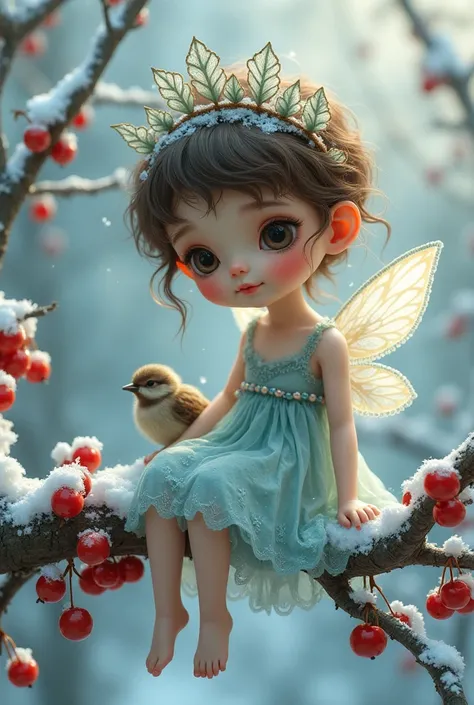 A young, light-skinned fairy , positioned slightly off-center towards the left side of the image, is seated on a snowy branch laden with bright red berries. The fairy has a delicate, almost doll-like face with large expressive eyes and a sweet, somewhat me...