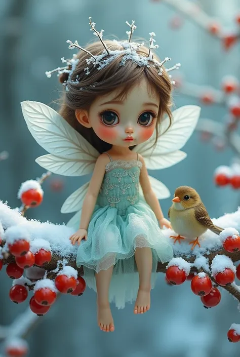 A young, light-skinned fairy , positioned slightly off-center towards the left side of the image, is seated on a snowy branch laden with bright red berries. The fairy has a delicate, almost doll-like face with large expressive eyes and a sweet, somewhat me...