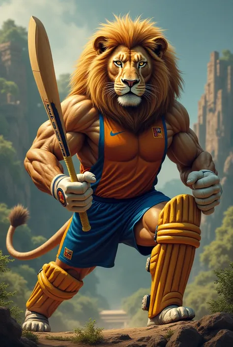 Sri Lanka: A strong lion with a bodybuilder physique, wearing the Sri Lankan cricket team's uniform and holding a cricket bat.
