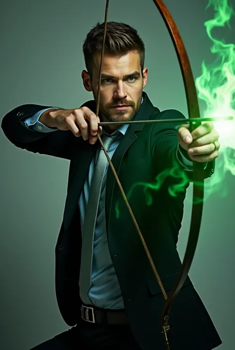 Handsome tall and strong white man with short brown hair with a short beard wearing a black suit with a light blue shirt and silver tie bewitching a bow with green fire magic in a pointed combat posture