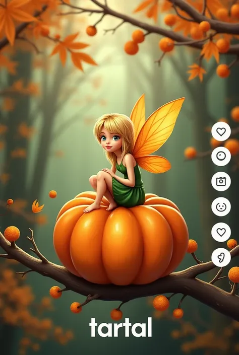 The image is a digital illustration of a fairy sitting on top of a pumpkin. The fairy has blonde hair and is wearing a green dress with orange wings. She is sitting on a tree branch with orange berries and leaves. The background is blurred, but it appears ...