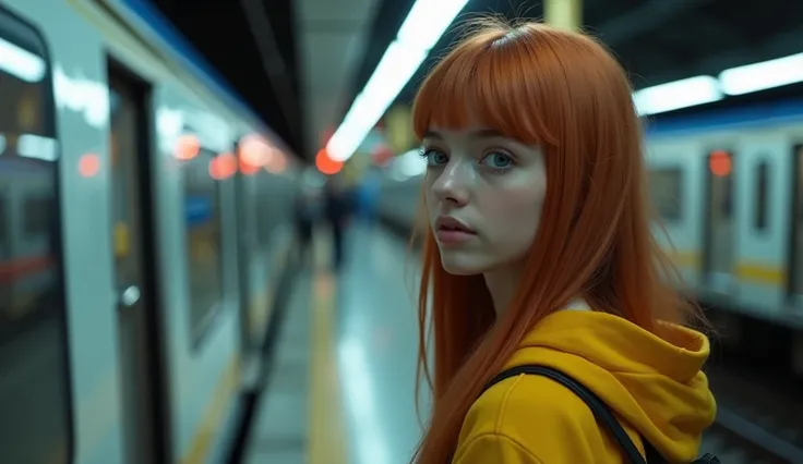 18 year old girl with straight red hair big blue eyes, girl waiting for train at the station, she close to train, about 10 meters away from the camera, full-length shot, she wearing yellow hooded, wearing jeans and white shoes, she hood up, rgb colors ligh...