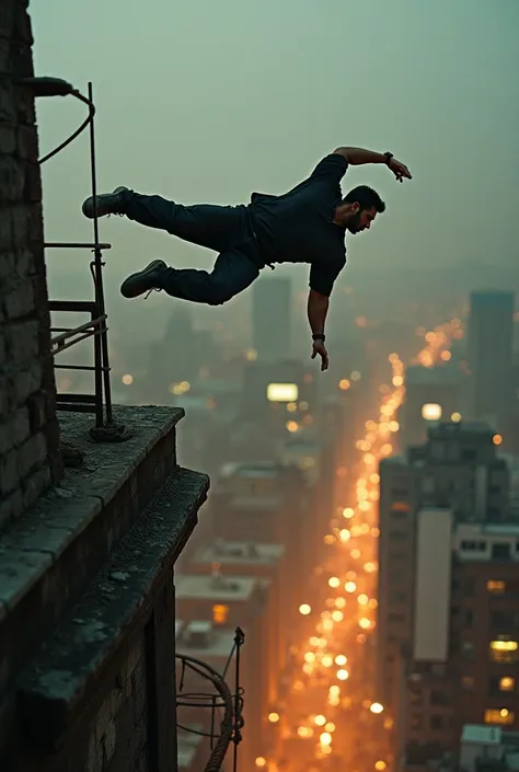 A breathtaking rooftop action scene with Salman Khan leaping from one building to another, his body defying gravity in mid-air. He lands with perfect precision, taking down a dozen armed enemies in rapid succession. Salman uses a combination of martial art...