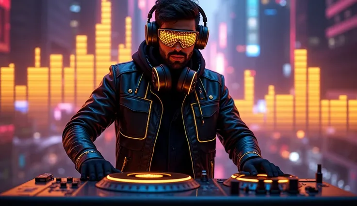 "A futuristic DJ standing behind a sleek, high-tech turntable in a neon-lit cityscape. He wears a black leather jacket with golden circuit-like patterns glowing subtly. His visor covers his eyes, displaying a golden soundwave pattern. Large, gold-accented ...