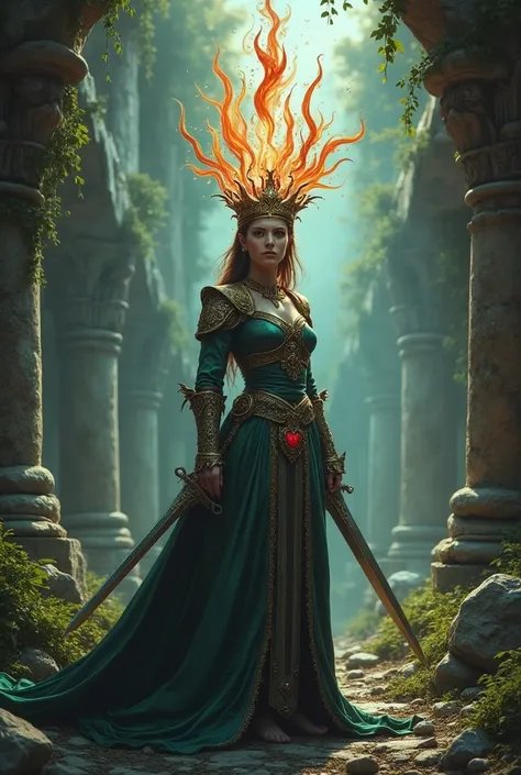 Amidst the lost ruins of an ancient medieval kingdom, overgrown with vines and glowing with mystical symbols, a regal warrior queen stands tall. She wears a flowing, intricately embroidered cloak and holds a gleaming sword in one hand and an ornate staff i...