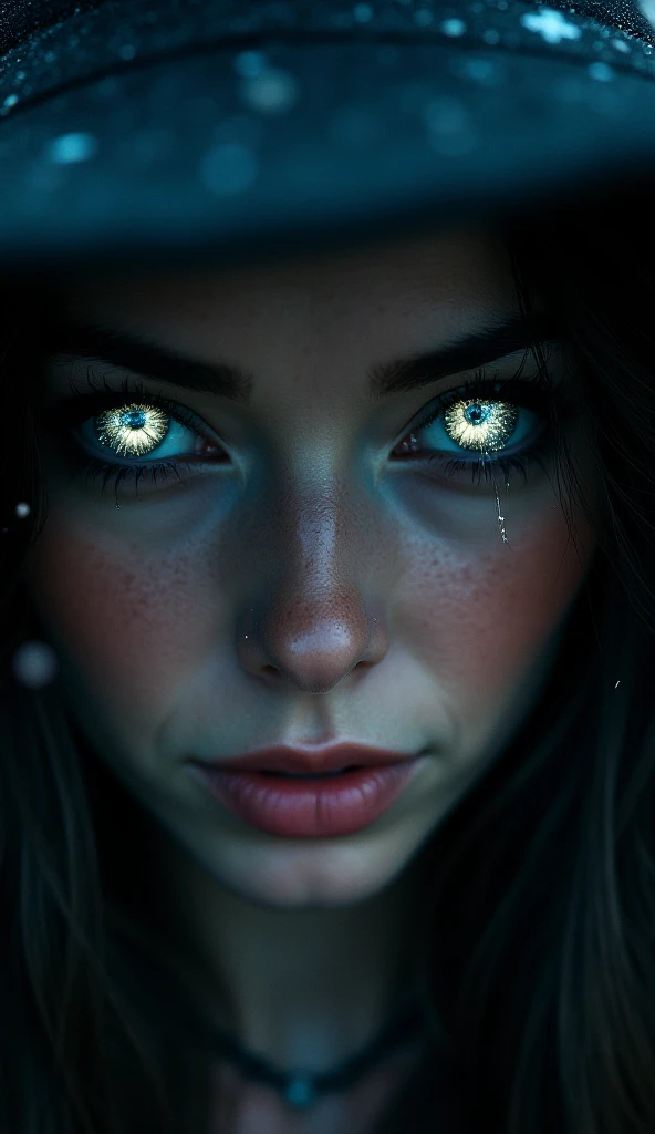  A close up of the mesmerizing look of a witch , with mystical reflections in her eyes ,  as if they were full of stars and cosmic secrets.