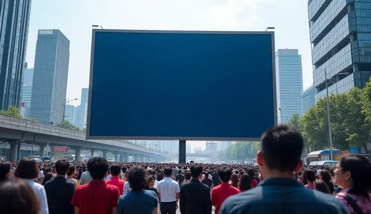 Dozens of people watching a giant Billboard Rectangle  Dark blue in color in the middle of the city. Urban background and highway.siang hari.Billboard facing the camera