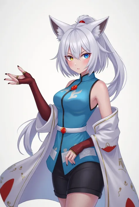 Adult woman, mature, fantasy, short white hair, long white ponytail, parted bangs, blue eye, yellow eye, white fox ears, white wolf tail, jewel in forehead, backless blue chinese shirt, design on shirt, white belt, black shorts, red charm on shirt, white l...