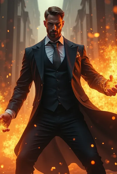 Handsome tall and strong white man with short brown hair with short beard wearing a black suit with a light blue shirt and silver tie bewitching a spear with fire magic in combat posture