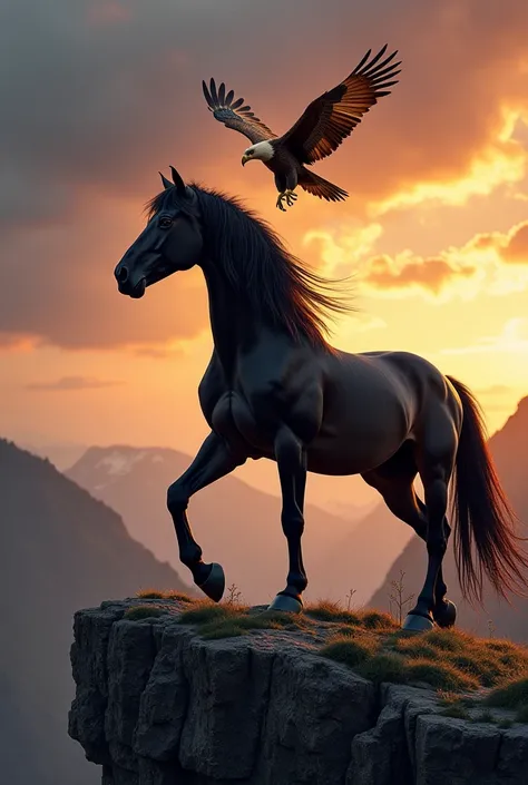 A majestic black stallion standing proudly on a rocky cliff, its mane flowing with the wind, alongside a powerful golden eagle soaring above with its wings fully spread. The scene is set against a dramatic sky filled with streaks of orange and purple from ...