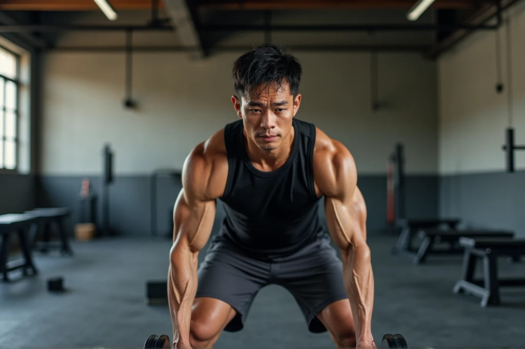 Man, 25-35 years old, Asian ethnicity, performing a dumbbell row exercise in a gym,  wearing a black athletic tank top and dark gray athletic shorts,  with visible muscle definition.  He has short, dark hair and a focused, determined expression.  He is cro...