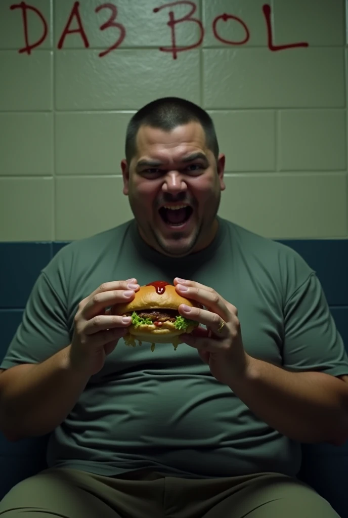 A big, built young man with a bit of a pot belly, looking like a mafia, is sitting in prison eating a burger. He looks at the camera in a terrifying way and laughs. He puts ketchup on the burger. He is also wearing pants and a T-shirt. Behind him is writte...