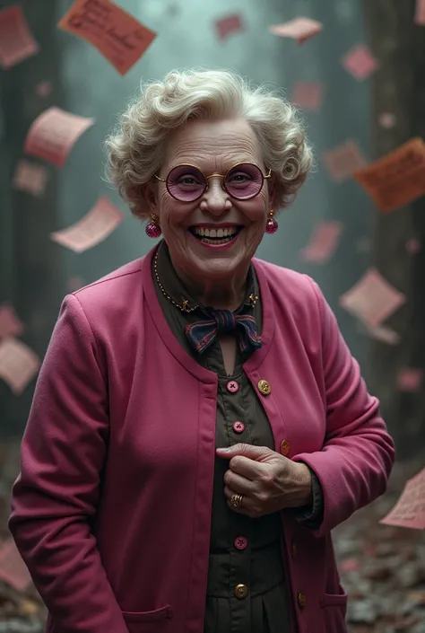 Umbridge with a fake smile ,  her pink costume glows eerily ,  as sheets of parchment float around her.