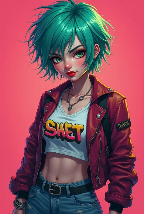 A young woman in her s with bright tealish green messy short cut with choppy micro bangs wearing a punk t shirt and short jacket and baggy punk pants