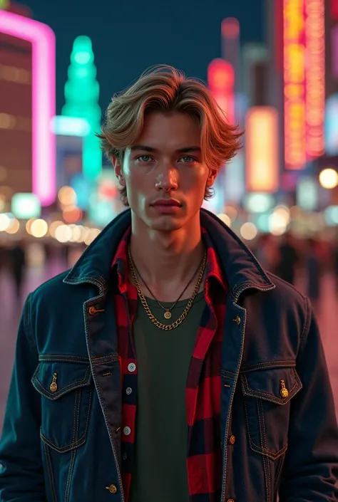 high,  handsome 26-year-old man ,  green eyes like jade pearls , and medium blond hair .  Wearing a plaid shirt and denim coat,  and a necklace around his neck .  Behind him to the city of Las Vegas 