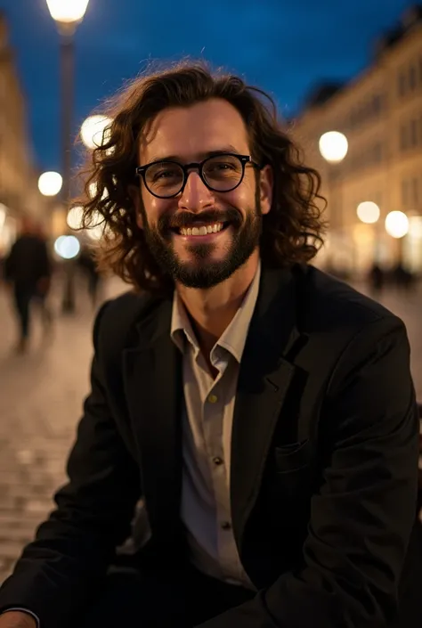 Portrait of a handsome white man, dark-black-eyed , With long long curly dark brown hair you have a well-groomed short beard, What is in front, He is wearing dress clothes and round glasses sitting on the bench in the square at night,  smiling.