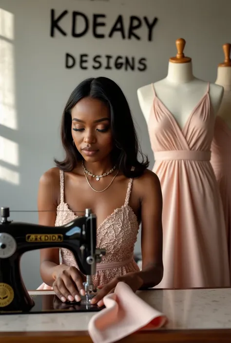 A beautiful young Nigerian lady wearing a short gown who is a fashion designer sewing a dress using industrial machine with fashion equipment decorating her fashion workshop, she has two mannequins in her workshop. On the wall is boldly written her brand n...