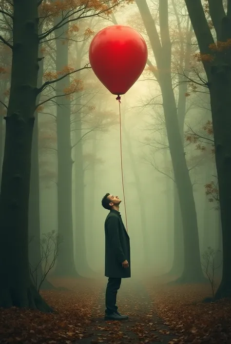 there is a picture of a man with a red balloon in the woods, an airbrush painting by Ren Renfa, trending on pixabay, surrealism, ren born as ghosts, photo manipulation, flying angels, photo - manipulation, 2 angels, an amazing photo, surreal art, awesome g...