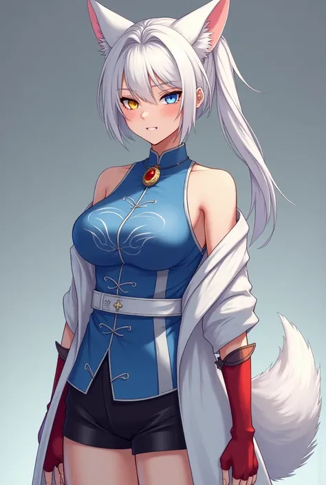 Adult woman, older woman, mature, fantasy, short white hair, long white ponytail, parted bangs, blue eye, yellow eye, white fox ears, white wolf tail, jewel in forehead, backless blue chinese shirt, design on shirt, white belt, black shorts, red charm on s...