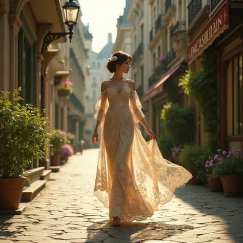 Une belle jeune femme, un goût pour les volutes, les courbes, les dentelles, dans l esprit directe de l art nouveau, se promène un jour de printemps, dans une rue du paris chic de 1900