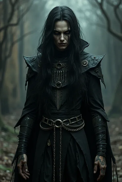 An evil character with black and torn clothes with chains and rings and long black hair with dark features and sharp black eyes