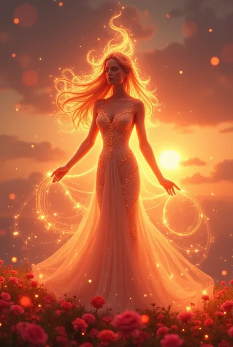  Imagine an enchanting environment ,  which represents the essence of Amora Flame , of love,  reflects .  The background is a soft ,  glowing sunset ,  that adorns the sky in warm shades of red ,  lets soft oranges and delicate shades of purple shine .  Th...