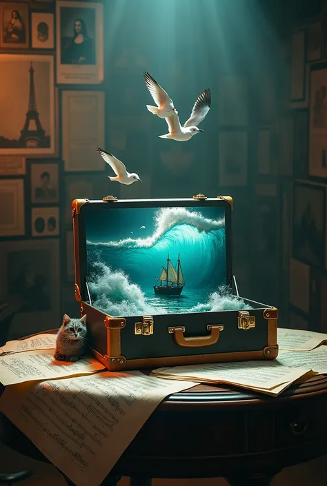 (Surreal photography:1.4) of a miniature seascape, with lighthouses and sailing ship, inside an open vintage suitcase, (underwater scene visible:1.3), dramatic clouds and seagulls, centered composition, on a table with sheet music, moody lighting, shot fro...