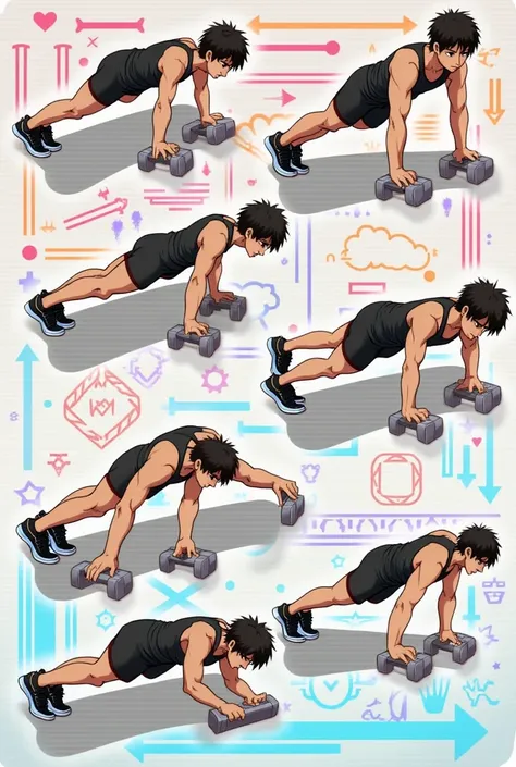 Types of push-ups: Pushups Shoulder Pushups Diamond Pushups Pushups with weights. In anime version 