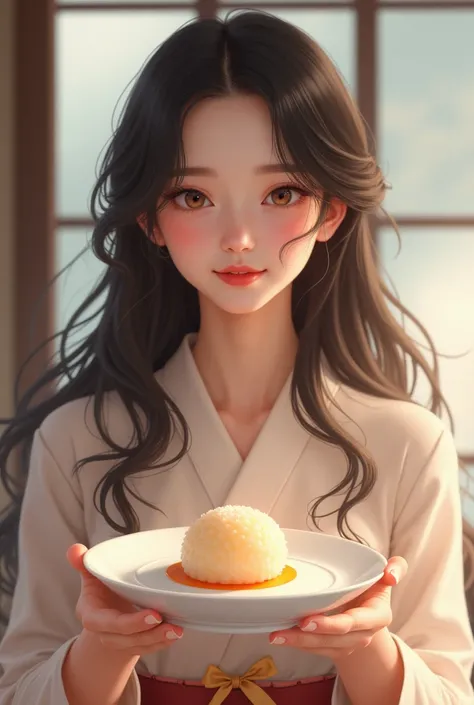  Beautiful girl with wavy long hair , holding a dish called mochi and showing it to the viewer
