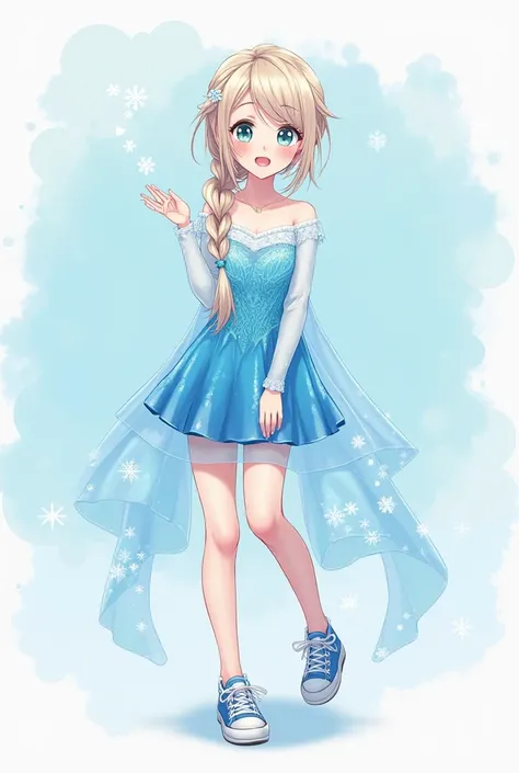 "a kawaii anime-style loli dressed as Princess Elsa from Disney's *Frozen*, wearing a very short skirt and shoes, with a big smile and blowing a kiss, all in a cute and non-sexualized way."  