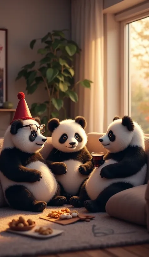 "Three cute pandas sitting in a cozy living room, chatting with each other. They are in a modern American-style house with soft lighting. One panda is wearing glasses, another has a funny hat, and the third is holding a cup of tea. There’s a comfy sofa, a ...