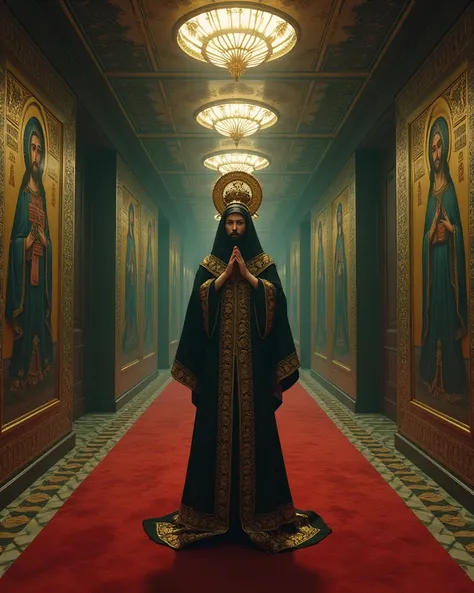 A byzantin painting, a acene from the movie "The shining" by Kubrick. An orthodox saint walks down the hall