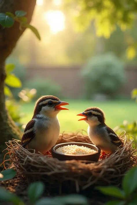 "A small sparrow sitting in a cozy nest, holding a small bowl with cooked rice grains in its beak, looking towards its chirping young birds in the nest. The background shows a calm, peaceful yard with lush greenery. Sunlight peeks through the trees, creati...