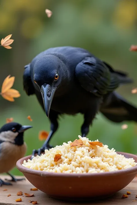 A mischievous crow perched nearby, jumping around a bowl of rice, its beady eyes filled with playful intent. The sparrow, startled, looks around to protect its food. The yard is filled with fluttering leaves as the crow’s antics disturb the peaceful atmosp...