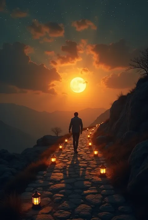 Create a dramatic, uplifting image of a lone figure walking confidently on a rocky path, illuminated by glowing oil lamps symbolizing hope. A radiant sun rises in the background, casting golden light, representing determination and strength. The sky transi...