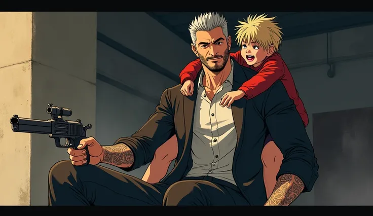 A strong anime man with a tattoo on his face holding a gun, sitting with his son on his shoulder while the  laughs. Make the man and the  look like they are from the anime Hunter x Hunter.
